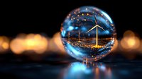 Wind turbine reflected in glass sphere against night city lights and bokeh background, creative renewable energy concept for sustainability and green power generation.