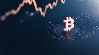 Glowing cryptocurrency symbol on digital circuit background with rising market graph chart showing financial growth and investment trends.
