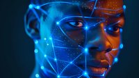 Young African American woman's face illuminated by blue digital network points and lines, representing artificial intelligence and facial recognition technology in dark background.