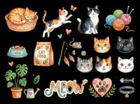 Cute cat collection with kittens, baskets, toys, food bowls, plants and paw print heart on transparent background. Ready for t-shirt designs, stickers, clipart and print-on-demand products.