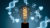 Glowing lightbulb with DNA helix filament surrounded by medical icons including stethoscopes and hearts on dark blue background representing healthcare innovation.