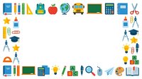 School supplies and education icons arranged in frame on white background, isolated clipart ready for educational materials, presentations, web design and learning resources.