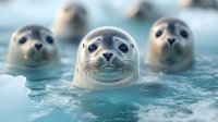 Adorable seal pups swimming in crystal clear arctic waters with curious expressions, marine wildlife conservation concept for educational materials.