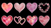 Watercolor hearts and decorative heart shapes in pink, red, and purple tones, isolated on transparent background. Ready for t-shirt design, clipart, stickers, sublimation, and print-on-demand projects.