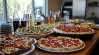 Assorted pizzas with various toppings displayed on wooden table with glass bottles in restaurant kitchen setting for catering or party events.