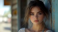 Young Caucasian woman with blue eyes and brown hair in casual tank top leaning against wall, natural makeup, soft lighting creates dreamy atmospheric portrait.