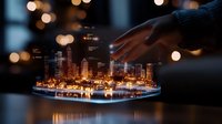 Miniature city model with glowing skyscrapers and waterfront reflections captured at night with bokeh lights, creating magical urban diorama atmosphere.