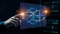Hand touching futuristic holographic interface with glowing network connections and digital icons on transparent screen for technology presentations.