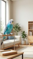 Blue and white budgie perched on wooden stand in bright living room with potted plants, sofa, and bookshelf. Domestic pet bird in modern home interior setting.