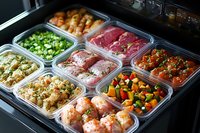 Assorted prepared meals in clear containers displayed in refrigerated case, ready-to-eat food service options.