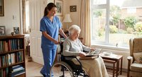 Female healthcare worker in blue scrubs assisting elderly Caucasian woman in wheelchair at home care setting with natural lighting and cozy interior.