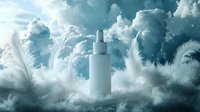White cosmetic dropper bottle floating among ethereal white feathers and dramatic turquoise clouds, creating dreamy skincare product presentation scene.