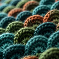 Colorful yarn balls in teal, orange and green tones arranged together showing detailed knitted texture for crafting and textile projects.