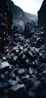 Pile of raw coal chunks in mining quarry with dark moody atmosphere and rocky cliffs in background, industrial mining concept for energy resources.