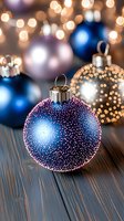 Glittering blue Christmas ornament with pink sparkles on wooden surface against blurred golden bokeh lights and festive decorations background.
