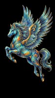 Ornate blue and gold Pegasus with spread wings, isolated on transparent background, ready for stickers, t-shirt design, print on demand, and sublimation.