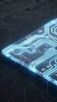 Futuristic glowing circuit board with blue neon pathways and electronic components on dark tech background for digital innovation concepts.