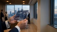 Businessman analyzing financial data on tablet in modern office with city skyline view during evening hours for investment decisions and market research.