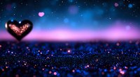 Glowing heart shape floats above sparkling blue bokeh surface against purple horizon, creating romantic atmosphere with scattered light effects and hearts.