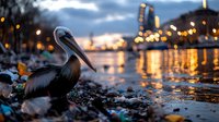 Brown pelican standing on rocky shore at sunset with city lights reflecting on water surface, dramatic moody sky and bokeh urban background creates atmospheric scene.