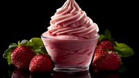 Creamy pink strawberry soft serve frozen yogurt swirled in glass bowl with fresh ripe strawberries and green leaves against dark background, macro food photography.