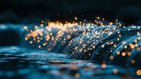 Magical water surface with glowing golden bokeh lights and ripples creating dreamy atmosphere. Dark blue tones with sparkling reflections make mystical background.