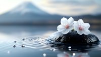 Serene white cherry blossoms resting on wet black stone in calm water with Mount Fuji silhouette in misty background, creating zen atmosphere and peaceful mood.