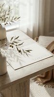 Thank you card on a rustic wooden table with olive branch shadows, neutral tones, soft natural light, cozy minimalist home interior styling.