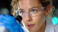 Young female scientist in protective eyewear and lab coat examining samples with focused expression against blurred laboratory background with blue bokeh lights.