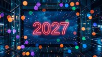 Futuristic neon 2027 number glowing in digital cyberspace with colorful spheres and light rays creating dynamic tech celebration background.