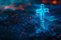 Glowing blue cross on digital circuit board background with bokeh lights and dark moody atmosphere creates spiritual technology concept for faith in digital age.