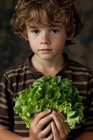 Young child with curly hair and freckles holding fresh green lettuce against dark background, wearing striped shirt. Concept for healthy eating and nutrition education.