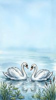 Two white swans swimming together on calm blue water with aquatic plants and misty landscape background. Watercolor style illustration suitable for home decor, greeting cards, and wall art.