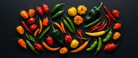 Colorful assortment of fresh hot chili peppers including habanero, jalapeno and bell varieties arranged on dark background for culinary cooking ingredients.