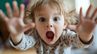 Surprised blonde toddler with hands up showing excitement and wonder. Child expressing amazement with open mouth and wide eyes in playful moment.
