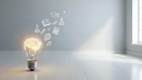 Glowing light bulb with brain and educational icons floating above on wooden floor in bright modern room for learning and innovation concepts.