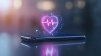 Glowing pink heart with pulse line hologram floating above smartphone on dark background with bokeh lights, modern health monitoring concept.