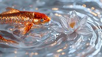 Orange koi fish swimming near white water lily in rippling water with bokeh light effects, creating serene Asian garden atmosphere. For spa and wellness design.