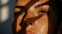 Young woman's face in dramatic shadow play from window blinds creating striped light pattern across glowing skin, artistic portrait with green eyes and natural makeup.