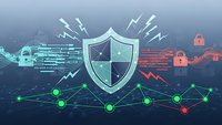 Cybersecurity shield protecting digital network from cyber attacks with glowing circuit patterns and security locks on dark technological background.