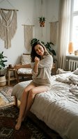 Woman with dark hair and olive complexion sitting on bed in boho bedroom with macramé wall hangings, potted plants, and natural linen bedding, lifestyle portrait for home decor and wellness content.