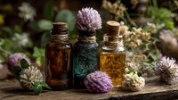 Natural herbal medicine bottles with dried herbs and clover flowers on wooden surface for aromatherapy and wellness treatments in organic garden setting.