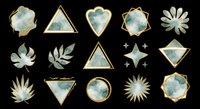 Watercolor geometric shapes with gold frames isolated on transparent background, ready for t-shirt design, clipart, stickers, sublimation and print-on-demand projects.