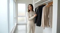 Young brunette woman in beige outfit standing in modern walk-in closet with organized clothes rack, natural lighting from large windows, minimalist wardrobe.