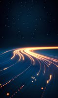 Glowing light trails curve across dark starry background, creating dynamic motion effect with orange and yellow streaks against deep blue night sky. For tech concepts.