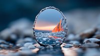 Glass sphere reflecting dramatic red rock formations at sunset on pebble beach with bokeh background for creative photography and artistic concepts.