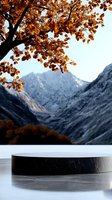 Marble product display platform against autumn mountain landscape backdrop with golden leaves and snow-capped peaks, creating dramatic seasonal contrast.