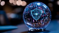 Glowing cybersecurity shield icon inside crystal sphere with digital circuit patterns on dark background, representing data protection and network security concept.