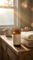 Amber glass bottle with blank label on wooden surface beside folded towels and coffee mug in warm sunlit bathroom setting for spa and wellness branding.