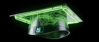 Digital graduation cap with glowing green circuit board patterns and AI chip technology for educational innovation and future learning concepts.